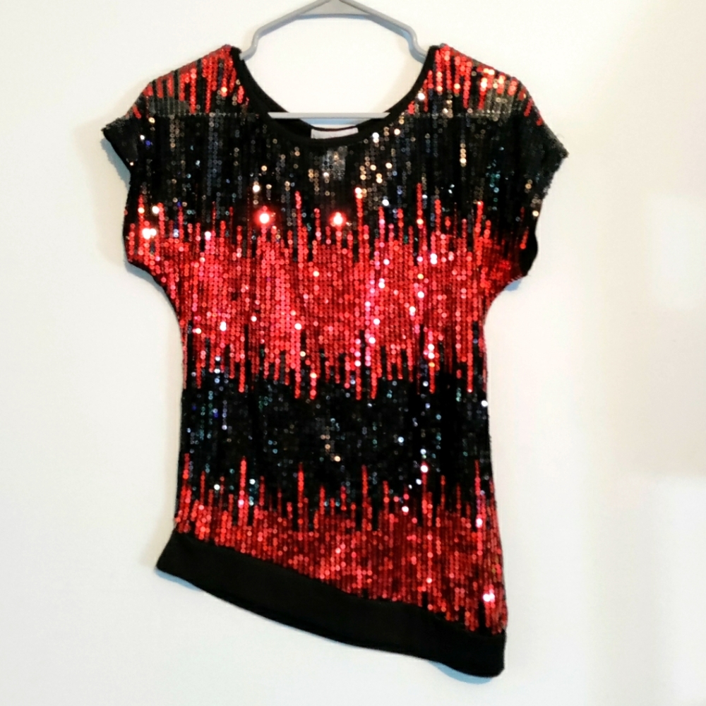 Lipstick Black & Red Sequin Asymmetrical Blouse Top Shirt